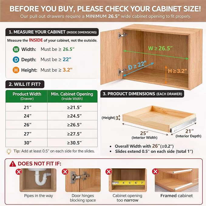 Sintuff 4 Pack Wooden Pull out Tray Cabinet Organizer Gentle Close Roll out Shelves for Kitchen Cabinets Fully Assembled Slide Pantry Shelves (26'' X 21'') - Image 2