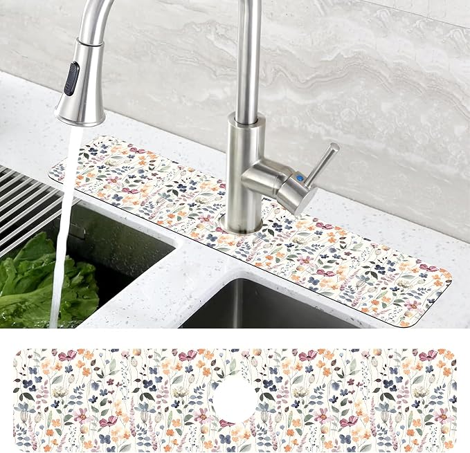 Vintage Watercolor Floral Kitchen Sink Splash Guard Mat Absorbent Fast Drying Mat Faucet Draining Mat Sink Splash Guard Behind Faucet Drip Catcher for Kitchen Bathroom 5.5"×24" - Image 4