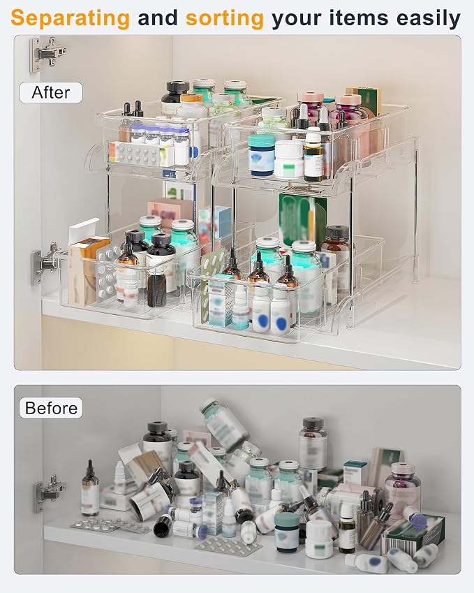 2-Pack 2-Tier Under Sink Organizers with Sliding Drawers | Multi-use kitchen & bathroom storage, 10.6 inch clear cabinet organizer, space-saving sliding drawer design. - Image 3