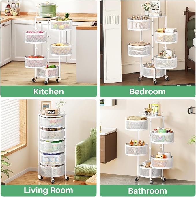 SAYZH 5 Tier Fruit Vegetable Basket Stand for Kitchen, Rotating, White | Rolling Storage Cart with top lid, Large Metal Wire Rack for Potato and Onion Storage - Image 5