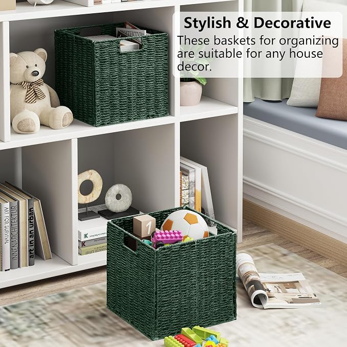 Wicker Storage Basket, Set of 2 Hand-Woven Paper Rope Wicker Baskets, Foldable Cube Storage Bins, Square Storage Baskets for Organizing Shelves & Decor, Green (11″×11″×11″) - Image 4