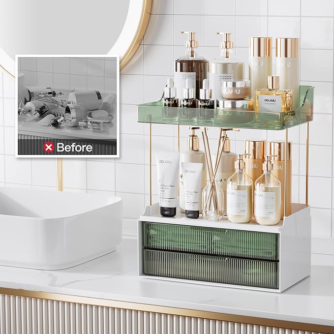 Delamu 4-Tier Makeup Organizer, Bathroom Counter Storage, 2 Drawers,Green | Elegant Vanity Organizer Gift for Women, Holds Perfume, Skincare, Nail Polish & Hair Accessories for Bathroom Countertop - Image 7