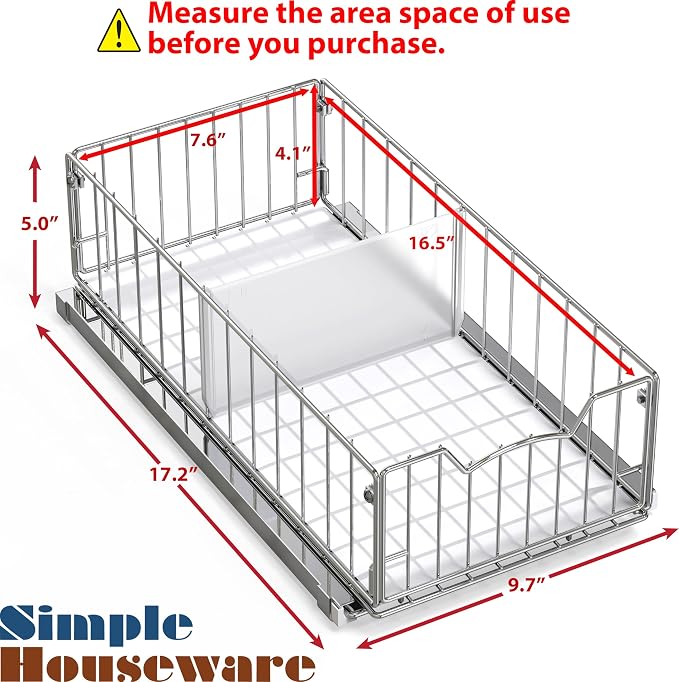 Simple Houseware Pull-Out Cabinet Sliding Basket, 17.2Dx9.7Wx5H, Chrome | Ideal for Kitchen and Bathroom Cabinet Storage Organizer, Under Sink or Pantry Organization - Image 2