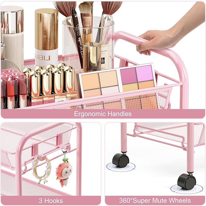 TOOLF 4 Tier Rolling Cart, Metal Utility Storage Cart with Wheels, Pink | 3 Hooks, Screwless Assembly, Trolley Organizer for Bathroom, Kitchen, Office, Nursery, Dorm, Laundry Room - Image 5