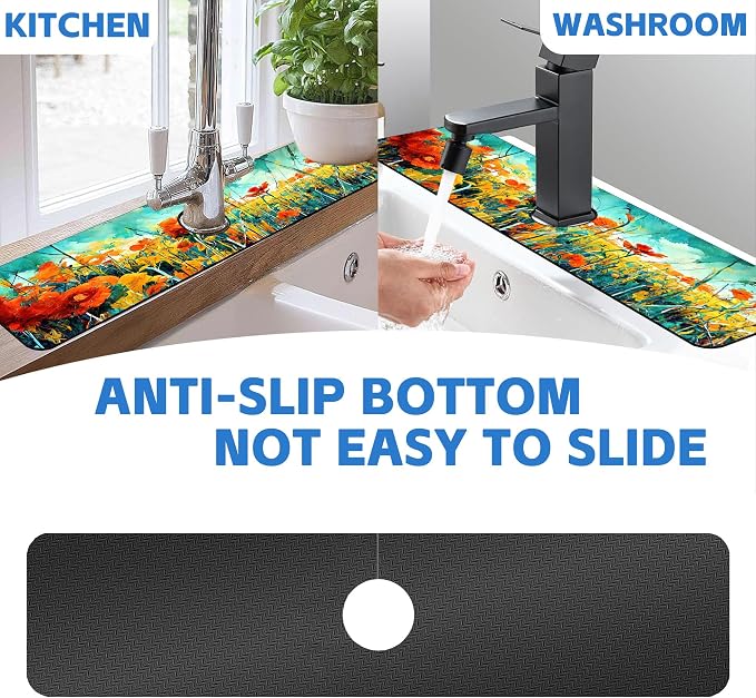 Kitchen Faucet Mat Floral Abstract Oil Painting Sink Splash Guard Behind Faucet Draining Mat Kitchen Accessories Non-slip Easy to Clean for Bathroom & Kitchen 24"X5.5" - Image 7