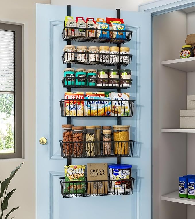 Mefirt Over The Door Pantry Organizer, 6-Tier Black Deep Baskets | Pantry Hanging Organizers and Storage, Adjustable Heavy-Duty Metal for Home & Kitchen, Back of Door Seasoning Rack by Mefirt