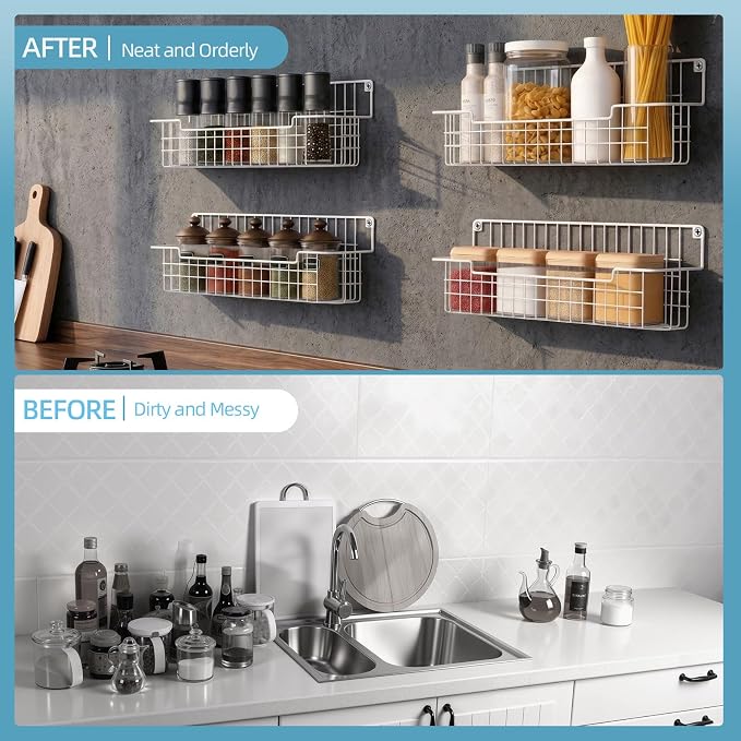 Spice Rack Wall Mount, 4 Pack Spice Organizer, White | Wire Spice Rack, Spice Storage Shelf, Space-Saving, For Kitchen Cabinet, Pantry Door, RV - Image 5