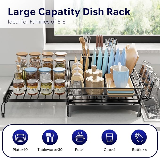 Simple Trending Dish Drying Rack - Expandable Dish Rack for Kitchen Counter, Large Capacity Dish Drainer, Stainless Steel Dish Strainer with Utensil & Cup Holders, Black - Image 3