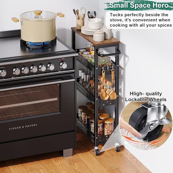 4 Tier Slim Rolling Cart with Wheels for Between Washer and Dryer Storage | Black Metal Rolling Spice Rack Next to Fridge, Narrow Kitchen Cabinet for Small Spaces, Laundry Room Organizer Carts - Image 3