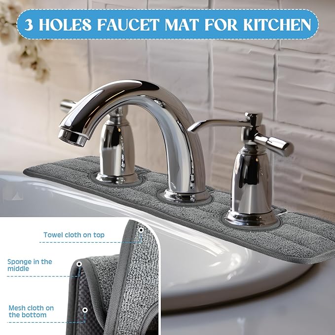 Teenyyou 2 Pcs Faucet Mat for Kitchen Sink Splash Guard for Kitchen Sink Faucet Dish Drying Mat for Bathroom Sponge Holder(Dark Gray,3 Round Holes) - Image 5