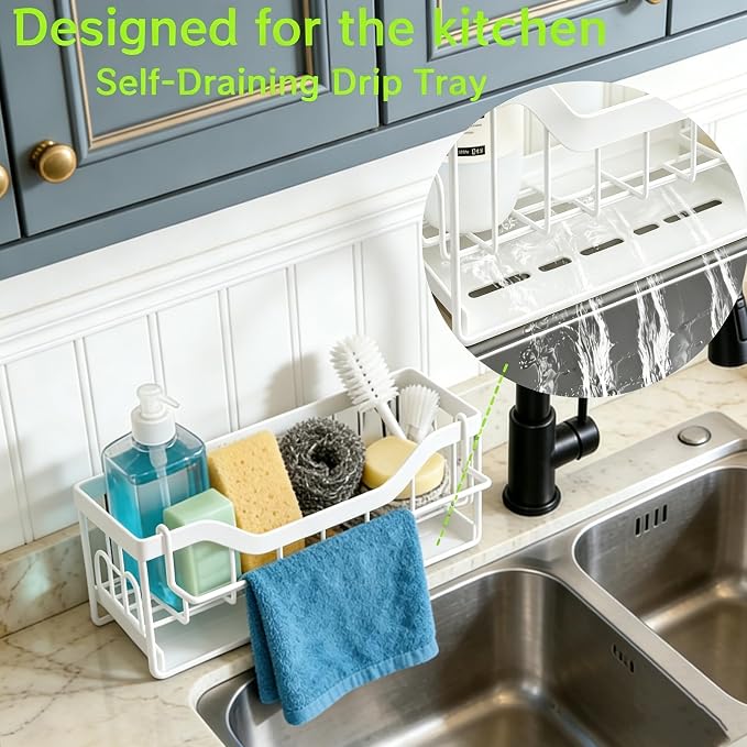 Sponge Holder for Kitchen Sink - Sink Caddy Organizer with Auto Drain Tray, Detachable Towel Rack, Stainless Steel Kitchen Counter Organizer Rack (White) - Image 2