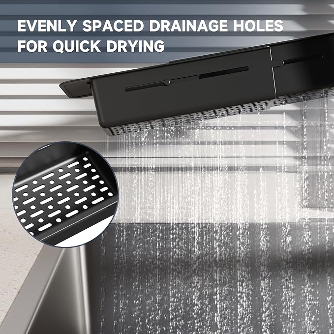 NiHome Extendable Kitchen Sink Caddy, Small Brush Sponge Storage Holder | Expandable Kitchen In Sink Organizer for Brush & Sponge with Drainage, Adjustable Length, Non-Slip Pads, Durable ABS (Black) - Image 8