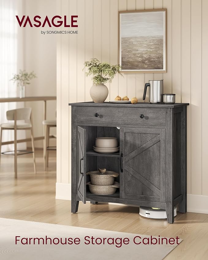 VASAGLE LIRY Collection - Buffet Cabinet, Coffee Bar Cabinet with a Drawer, Adjustable Shelf, Sideboard Storage with Cable Hole, Drawer Divider, Misty Gray UBBK341GW01S - Image 3