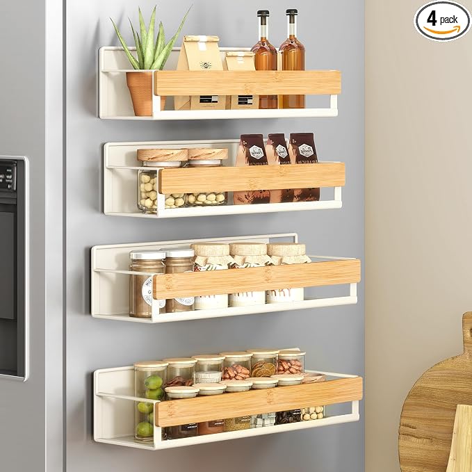 SONGMICS 4-Pack Strong Magnetic Real Bamboo Spice Racks for Fridge | Kitchen Organizer Shelf, 11.8 x 4.1 x 3 / 10.6 x 3.6 x 3 in, Cream White and Light Bamboo, BYSTRO Collection, UKCS062WD01 by Unknown