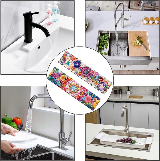 Bimkole 2 PCS Faucet Absorbent Mat, Kitchen Faucet Sink Splash Guard Wraparound Cloth Pads Drip Catcher for Sink Faucet for Kitchen Bathroom Faucet, Colorful Faucet Mat, 15 x 4 Inch Flower A3 - Image 7