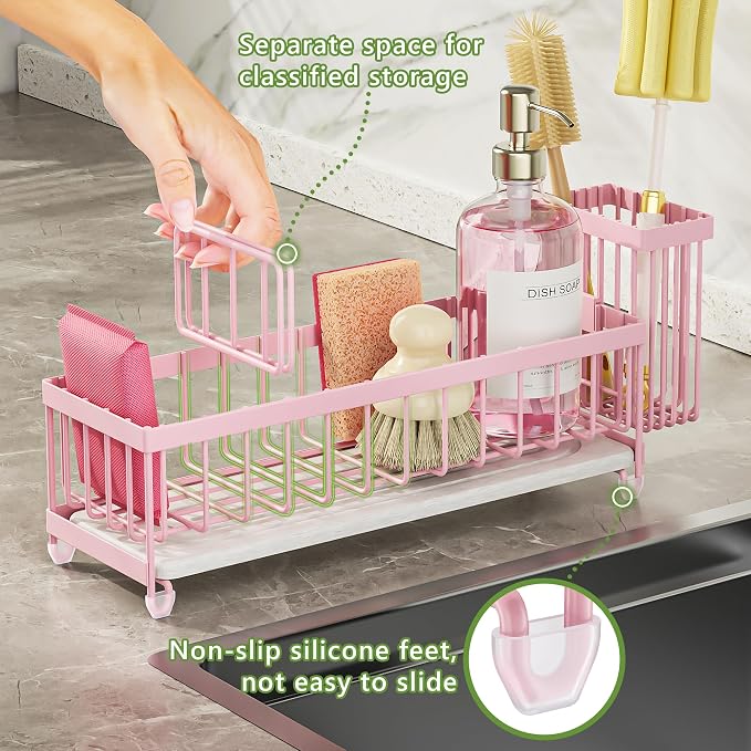 Cisily Extra Large Sink Caddy Organizer with Drying Stone, Pink Sponge Holder for Kitchen, Dish Brush Holder for Countertop, Kitchen Decor Storage and Essentials - Image 6