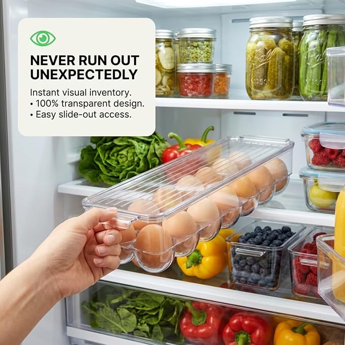 American Dream Fridge Bin Egg Holder for Refrigerator, 14-Egg Storage Container with Lid, Stackable BPA-Free Plastic Organizer Tray for Kitchen Fridge – Clear - Image 4