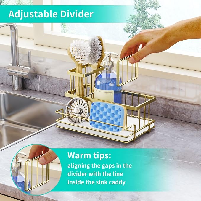 HapiRm Sink Caddy Sponge Holder - Kitchen Sink Organizer with Instant Drying Stone and Brush Holder, Stainless Steel Sponge Caddy for Kitchen Countertop - Gold - Image 5