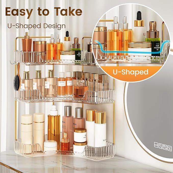 Corner Bathroom Counter Organizer 3-Tier Bathroom Organizer | Storage Countertop with Hooks Perfume Organizers Storage Shelf for Makeup & Skincare Dresser-Clear - Image 6