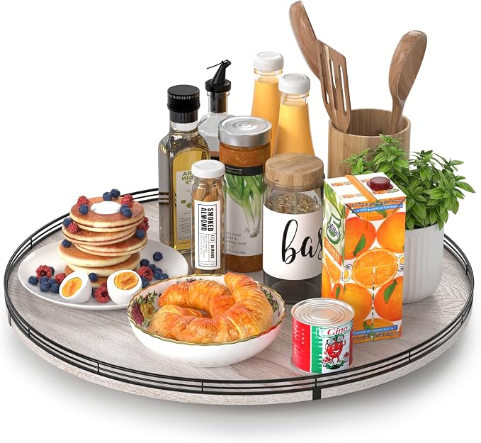 AMH 21-Inch Whitewashed Farmhouse Wooden Lazy Susan Organizer | Smooth rotating oak tray with walnut finish for dining tables, kitchen counters, pantries and cabinet storage. by AMH