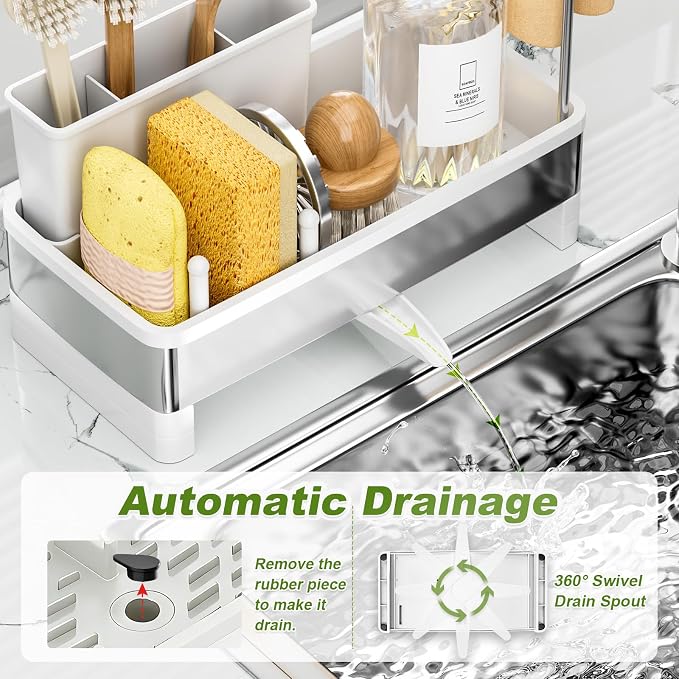 Ewaiira Stainless Steel Sink Caddy, Sponge Holder for Kitchen Sink 9.8″ | with Brush Holder & Dishcloth Rack, Rustproof Organizer Countertop, Soap Kitchen Organizers Storage Essentials, White - Image 5
