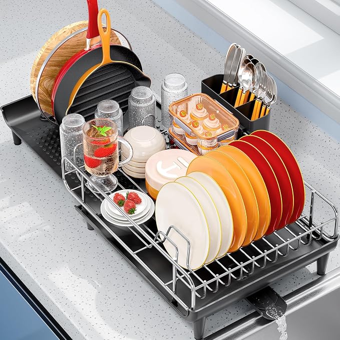 TOOLF Expandable Dish Drying Rack for Kitchen Counter, Black | Collapsible 16.7"-26.8", Stainless Steel Dish Dryer Rack Drainer for RV, Apartment, with Cutlery Holder, Fits for 3-4 People - Image 9