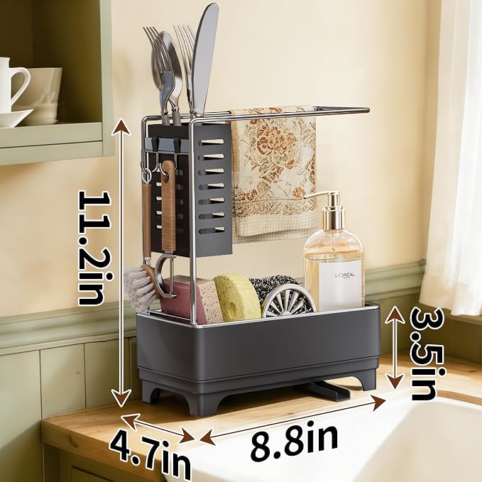 MOUKABAL 2-Tier Sponge Holder for Kitchen Sink, Sink Caddy Organizer Grey | Large Capacity/Rustproof Stainless Steel/360° Rotating Drain Keeps Counter Dry/Holds Sponge & Soap Bottle/Easy-Clean Tray - Image 2
