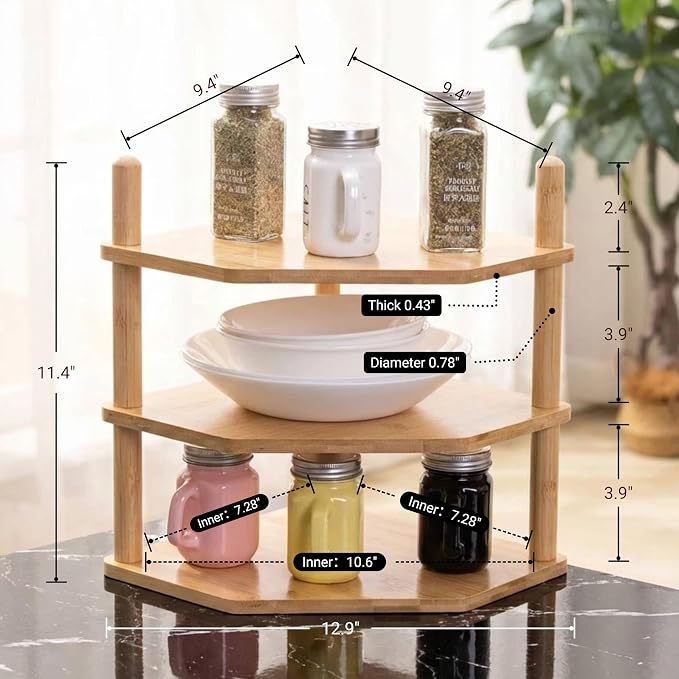 3-Tier Bamboo Corner Shelf, Kitchen Countertop Storage Organizer, Cabinet Plate Rack for Pantry Organization, Bathroom, Desktop, 9.4 x 9.4 x 11.4 Inch - Image 6