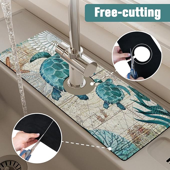 Kitchen Sink Splash Guard Faucet Mat 15" X 5.5" Sea Turtle Absorbent Fast Drying Mat Faucet Draining Mat Sink Splash Guard Behind Faucet Drip Catcher for Kitchen Bathroom - Image 6