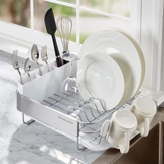KitchenAid Compact Satin Wire Rust Resistant, Expandable Dish Rack with Angled Self Draining Drainboard with Removable Flatware Caddy, 23.18-Inch, Gray - Image 5