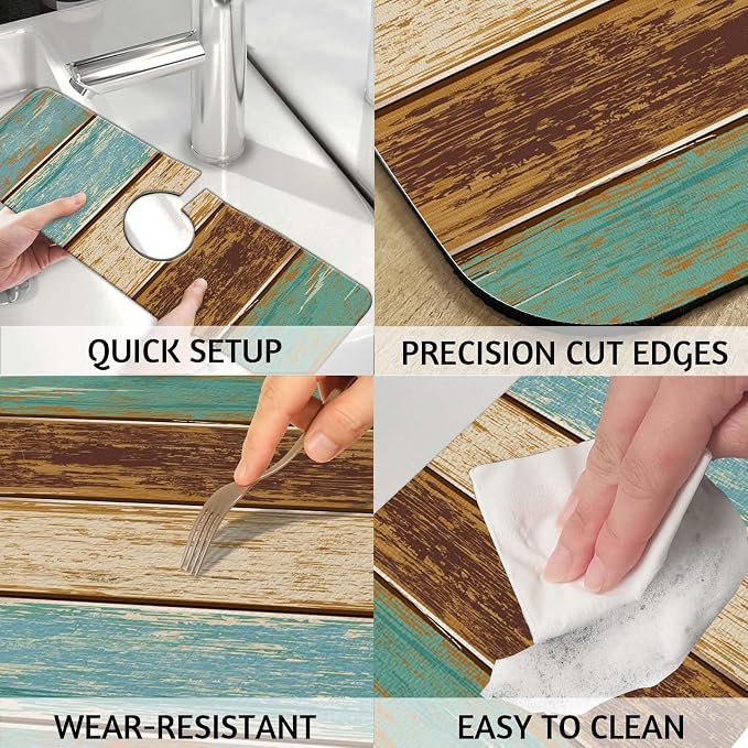 MCALK Wood Pattern Teal Kitchen Sink Faucet Mat Splash Guard, Absorbent Quick-Dry Kitchen Sink Mat - Ideal for Splash Guard & Drip Catching with Farmhouse Art Decor( 1pc 15"x5.5") - Image 4