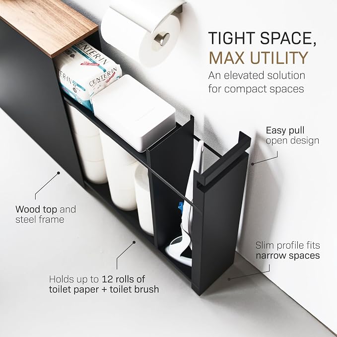 Yamazaki Home Pull-Out Bathroom Storage Cabinet with Wood Top, Black | Slim space-saving bathroom storage cabinet with a natural wood top. Clever pull-out design. Holds 12 rolls of toilet paper. - Image 5