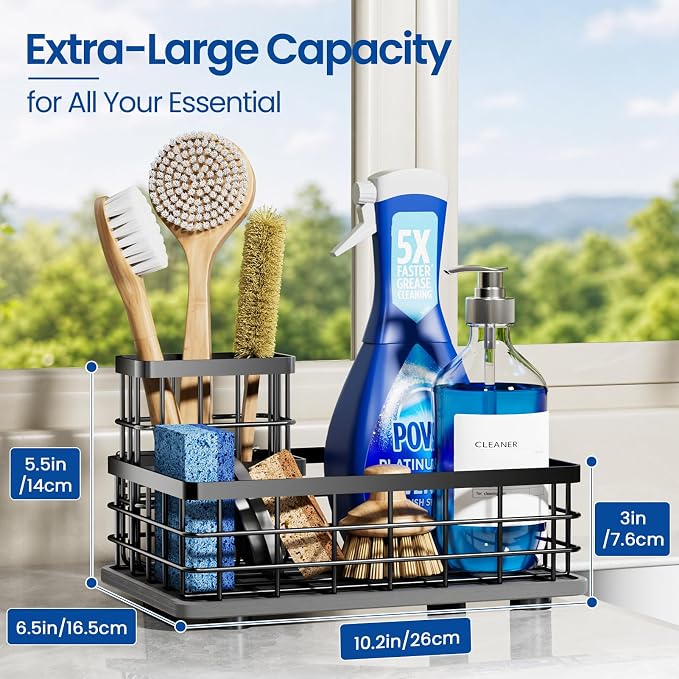 Kitchen Sink Organizer, Large Sink Caddy with Sponge Holder & Diatomite Mat | Cleaning Supplies in One Place, Kitchen Countertop Organizer, Home Essentials, Brush Holder, Quick Dry Tray, Fewer Puddles - Image 2