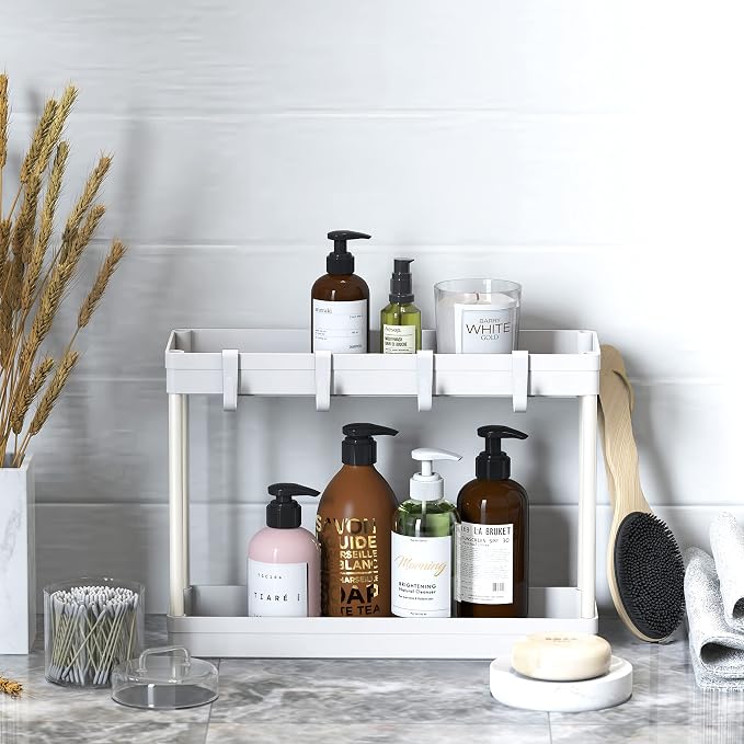 Simple Houseware 2-Tier Under Sink Organizer Storage Tray with Hooks, White - Image 3
