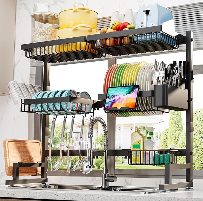 ADBIU Over The Sink Dish Drying Rack (Expandable Height and Length) Snap-On Design 2 Tier Large Dish Rack (27-40L x 12W x 32.5-37H (inches)) by ADBIU