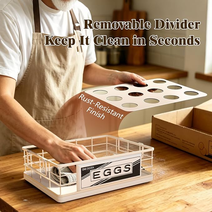 Farmhouse Egg Holder Countertop, Oak Wood & Metal Egg Basket with Handles | Stackable Rustic Egg Tray Organizer for Kitchen Counter, Holds 12 Eggs, Removable Divider for Fresh Egg Storage, White - Image 7