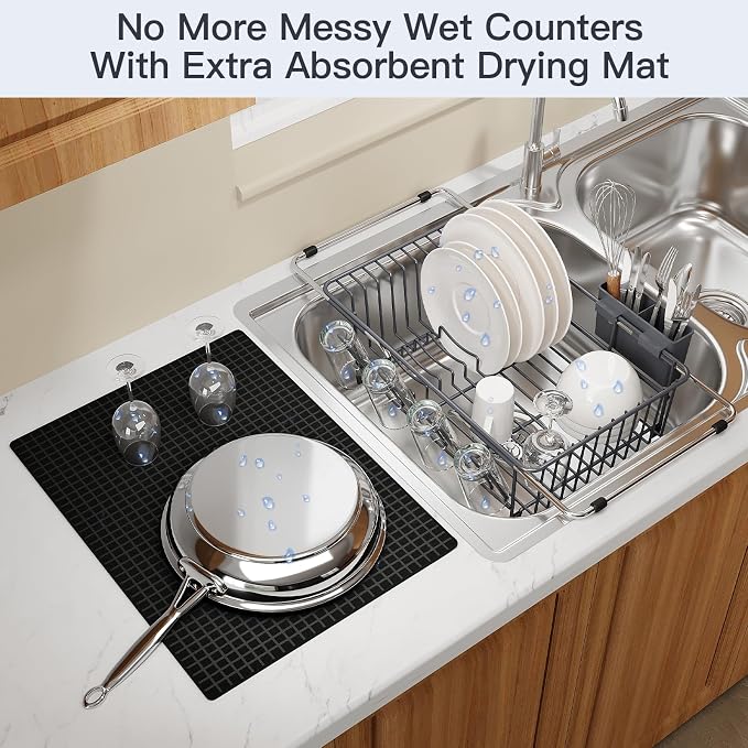 Green Dish Drying Rack Over The Sink with Utensil Holder, Mat | Expandable Stainless Steel Dish Drainer for Small Kitchen, Apartment, RV, Counter Space Saving, Perfect Fit, Rustproof - Image 5