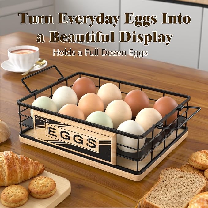 Farmhouse Egg Holder Countertop, Oak Wood & Metal Egg Basket with Handles | Stackable Rustic Egg Tray Organizer for Kitchen Counter, Holds 12 Eggs, Removable Divider for Fresh Egg Storage, Natural - Image 2