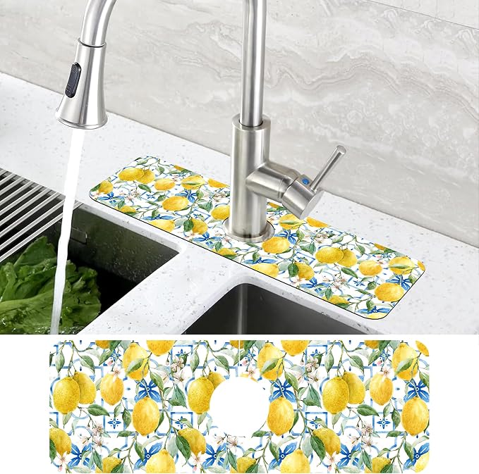Yellow Lemons and Blue Tiles Sink Faucet Absorbing Mat Splash Guard Behind Faucet Sink Mat Absorbent Fast Drying Faucet Draining Mat for Bathroom Kitchen 5.5"×15" - Image 4