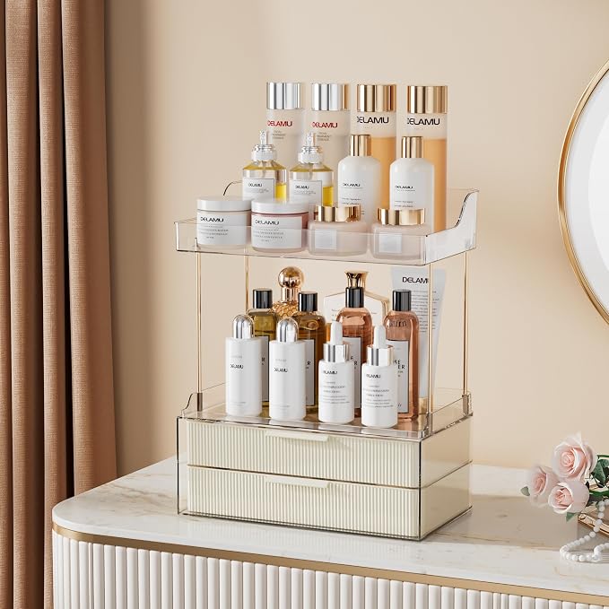 Delamu 4-Tier Makeup Organizer, Bathroom Counter, 2 Drawers,Cream White | Elegant Vanity Organizer Gift for Women, Holds Perfume, Skincare, Nail Polish & Hair Accessories for Bathroom Countertop - Image 3