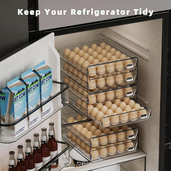 HIYOHIYO Clear 60 Grid Egg Organizer for Refrigerator with Drawers, 2-Tier | Large Capacity with Time Scale Marking | Sturdy Egg Storage for Fridge | Stackable Eggs Container for Fridge and Countertop - Image 6