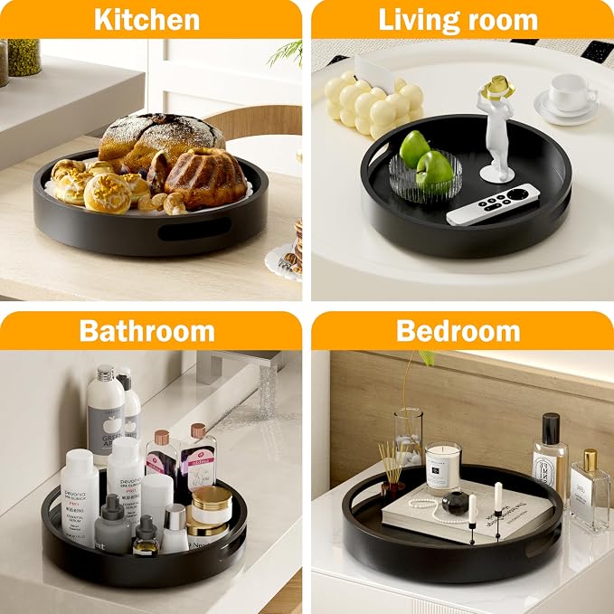 Lazy Susan Organizer Homerays 13 Inch Non-Skid Bamboo Lazy Susan for Kitchen Rotating Spice Rack with Handles, Wood Turntable for Kitchen Cabinet,Countertop (Black, Large) - Image 8