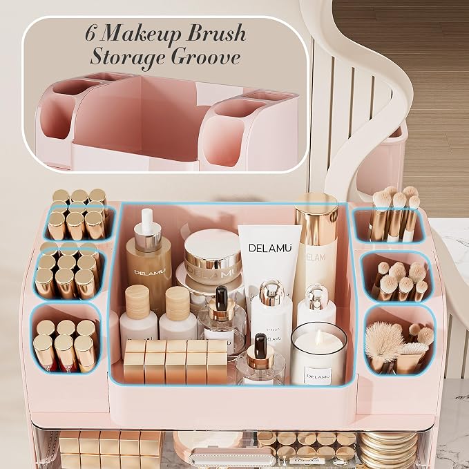 Delamu Large Makeup Organizer Countertop with 6 Brush Holders, Pink | Vanity Organizer with 2 Drawers, Gift for Women & Girls, Holds Perfume, Skincare, Lipstick, Nail Polish & Hair Accessories - Image 4