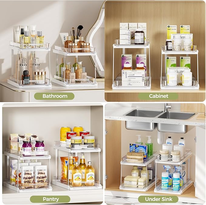 Delamu 2-Tier Bathroom Under Sink Organizers and Storage, Pull Out Cabinet Drawers with Anti-Slip Design, Multi-Purpose Storage for Kitchen, Pantry, Bathroom & Home Organization, White, 2 Pack - Image 7