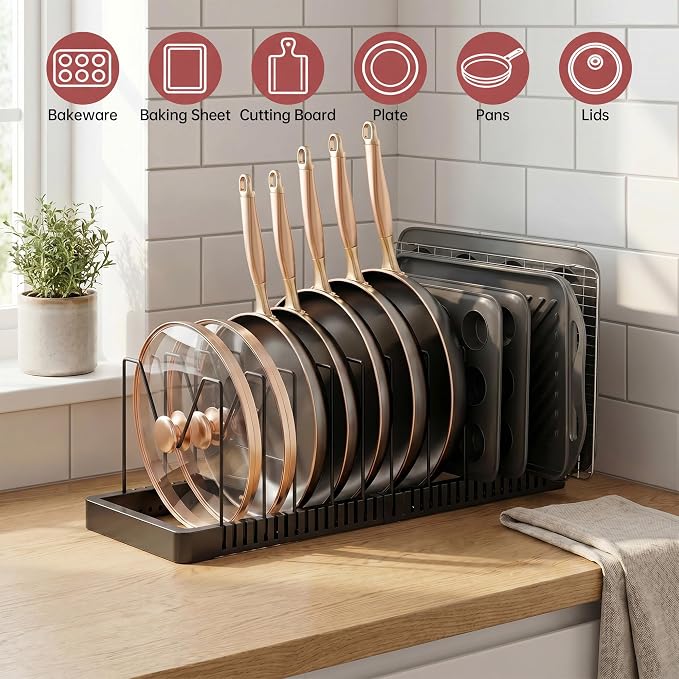 Expandable Pot and Pan Organizer with 14 Adjustable Dividers | Solid Metal Under‑Cabinet Pot Lid Organizer 14.1''‑24.8'', Lid Organizers Inside Cabinet, Fits Bakeware & Cookie Sheets - Image 5