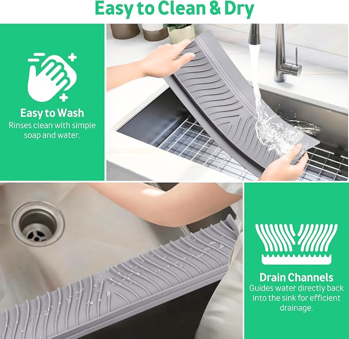 Silicone Sink Edge Protector and Splash Guard with Matching Drain Strainer, 24 Inch Countertop Chip Guard for Kitchen and Bathroom, 62 Suction Cups, Heat Resistant to 446°F, Gray - Image 3