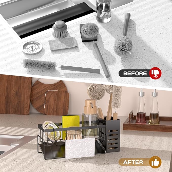 304 Stainless Steel Over Sink Caddy Sponge Soap Organizer Gray | Auto sloped drainage with removable tray, 3 divided spaces for sponge & soap, rustproof steel, no installation needed - Image 6