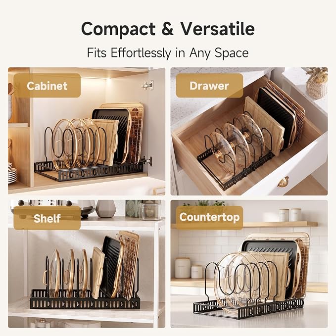 MUDEELA Pot Lid Organizer for Cabinet, Adjustable Baking Pan Rack 7 Slots | 7 Adjustable Divider, Tool-Free Assembly,Non-Slip, Scratch-Proof, Sturdy Metal Frame, For Pan Lid Cutting Board Bakeware - Image 7