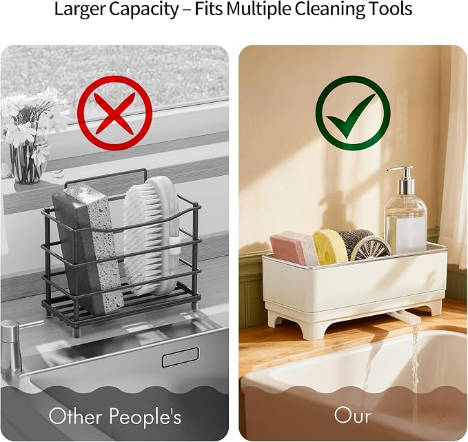 MOUKABAL Rotating Drain Sponge Holder for Kitchen Sink Off-white | Rustproof Stainless Steel/Large Capacity/Keeps Counter Dry/Removable Tray/Soap Bottle Holder - Image 4