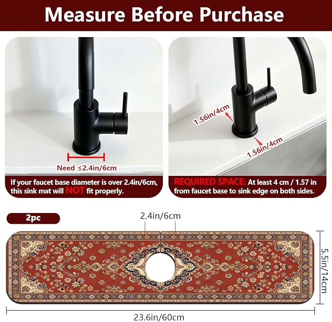 2 Pcs Kitchen Sink Splash Guard Faucet Mat Retro Red Bohemian Pattern Faucet Mat for Sinks Flower Absorbing Drying Mats for Kitchen Bathroom - Image 2